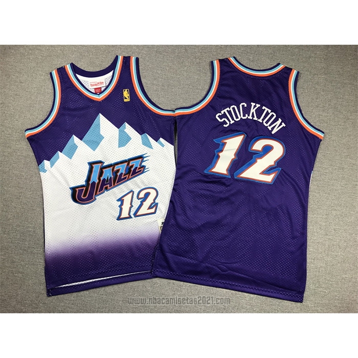 Camiseta Nino Utah Jazz John Stockton #12 Hardwood Classics Throwback 1996-97 Violeta